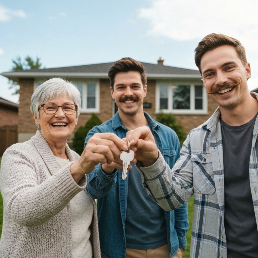 Happy clients holding keys outside their new Ontario home